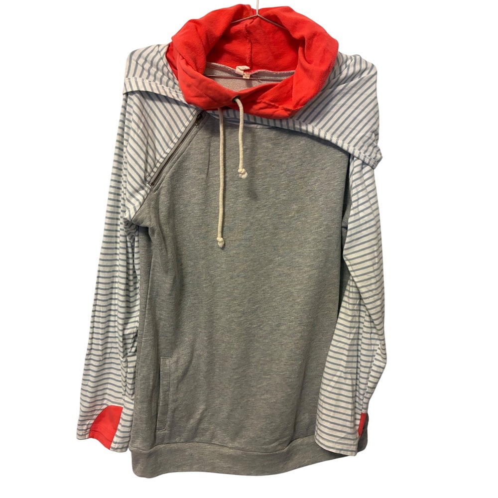 PinkBlush Womens Grey Striped Coral Double Hood Sweatshirt Hoodie Large L